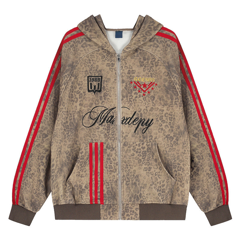 Brown toned leopard print red stripe hooded jacket for women