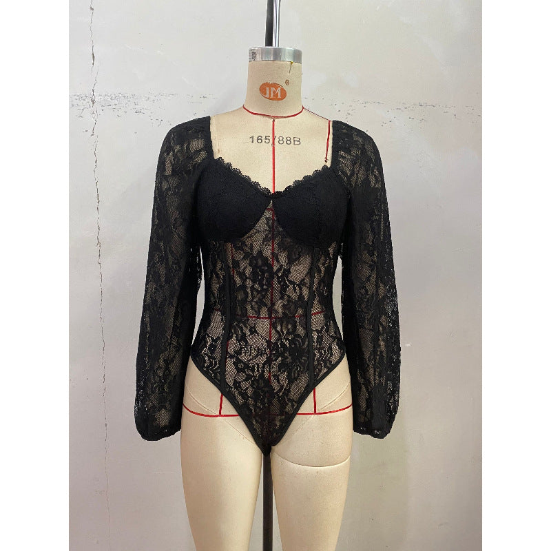 Long Sleeve Lace Deep V-Neck Open Back Women's Jumpsuit