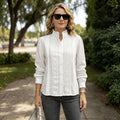 Splicing Lace Hollow Out Long Sleeve Stand Collar White Shirt