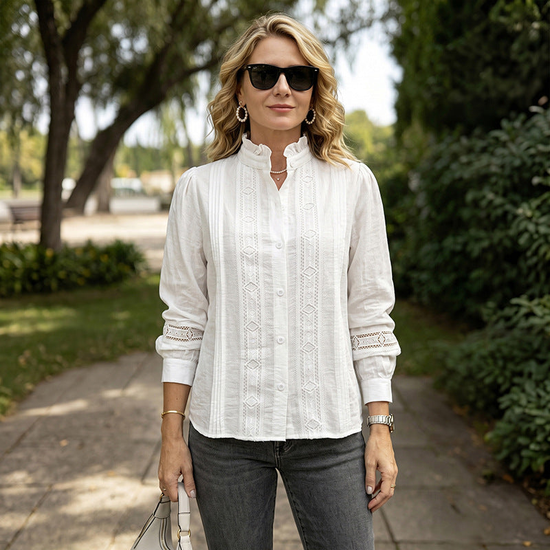 Splicing Lace Hollow Out Long Sleeve Stand Collar White Shirt