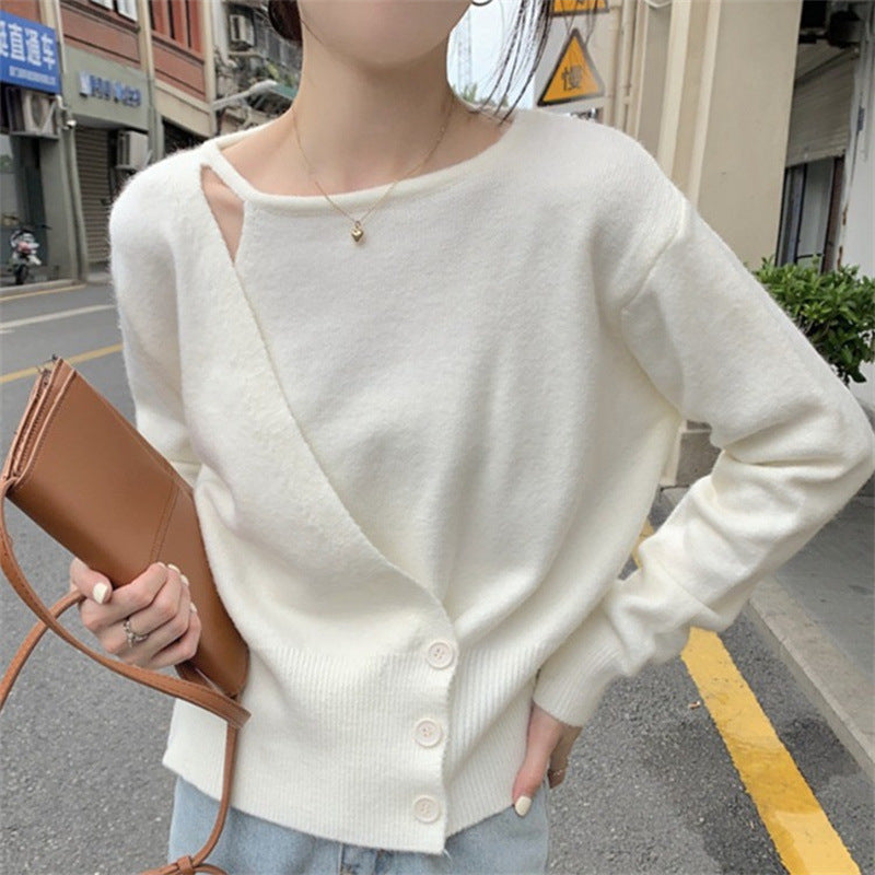 Irregular three button knit long sleeved sweater for women