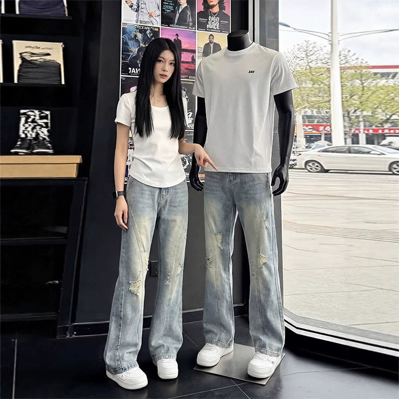 Men's Stylish Washed Vintage Casual Fashion Jeans, Cool and Versatile Blue Streetwear Wide-leg Pants, Export Foreign Trade