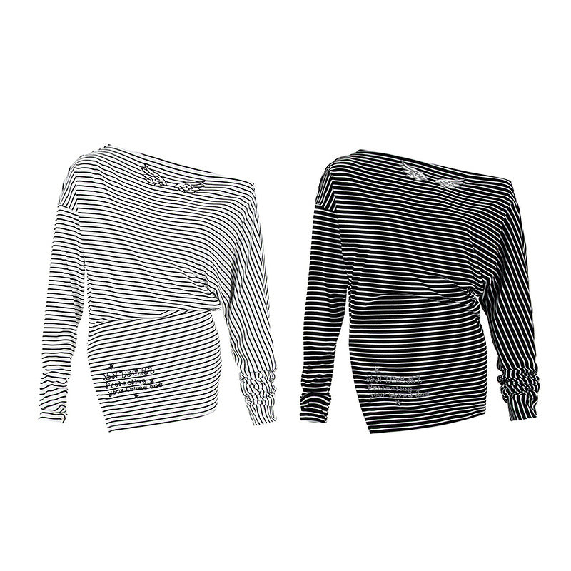 Striped off shoulder long sleeved base shirt