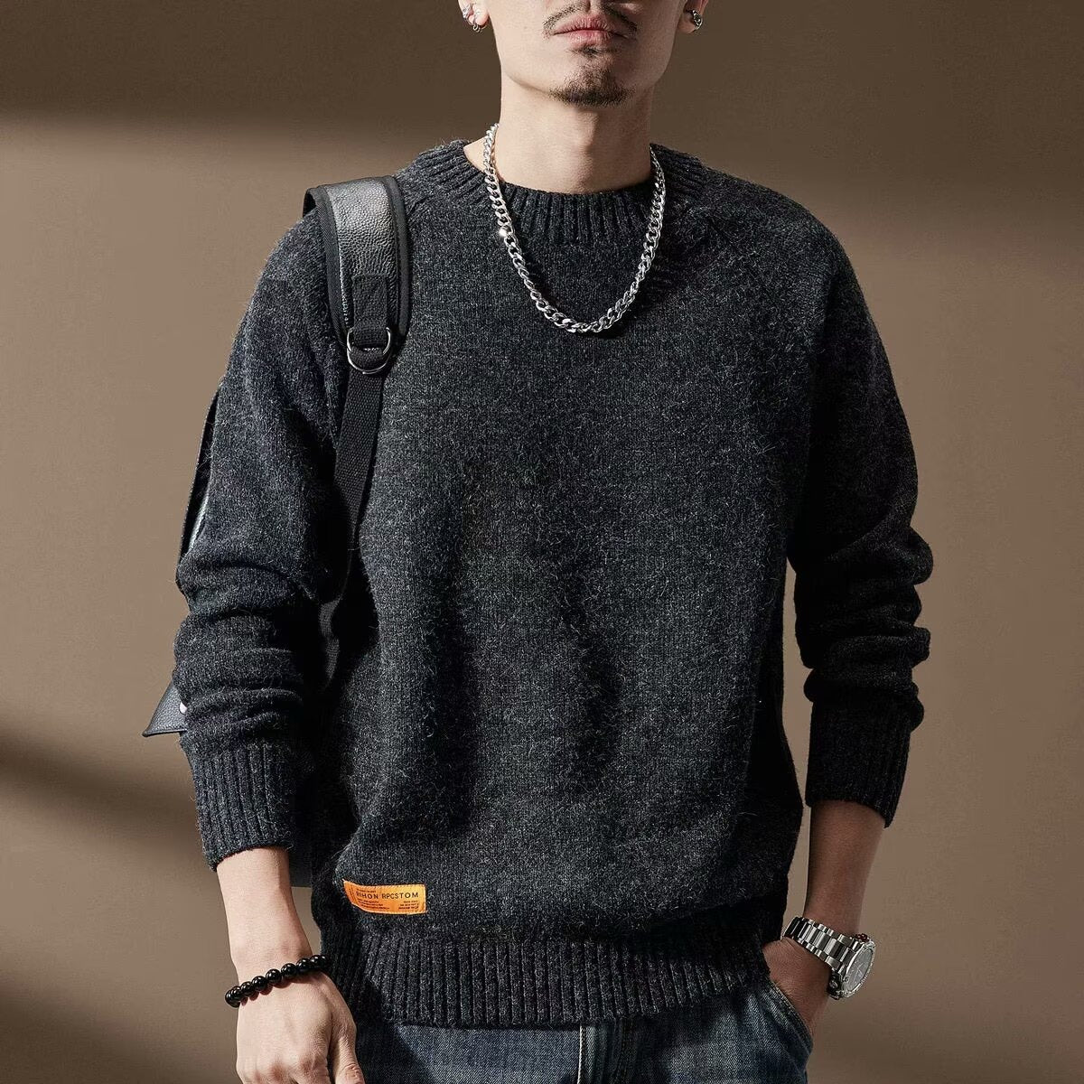 Men's Vintage Long Sleeve Crew Neck Knit Sweater - Loose Fit Thick Pullover Top