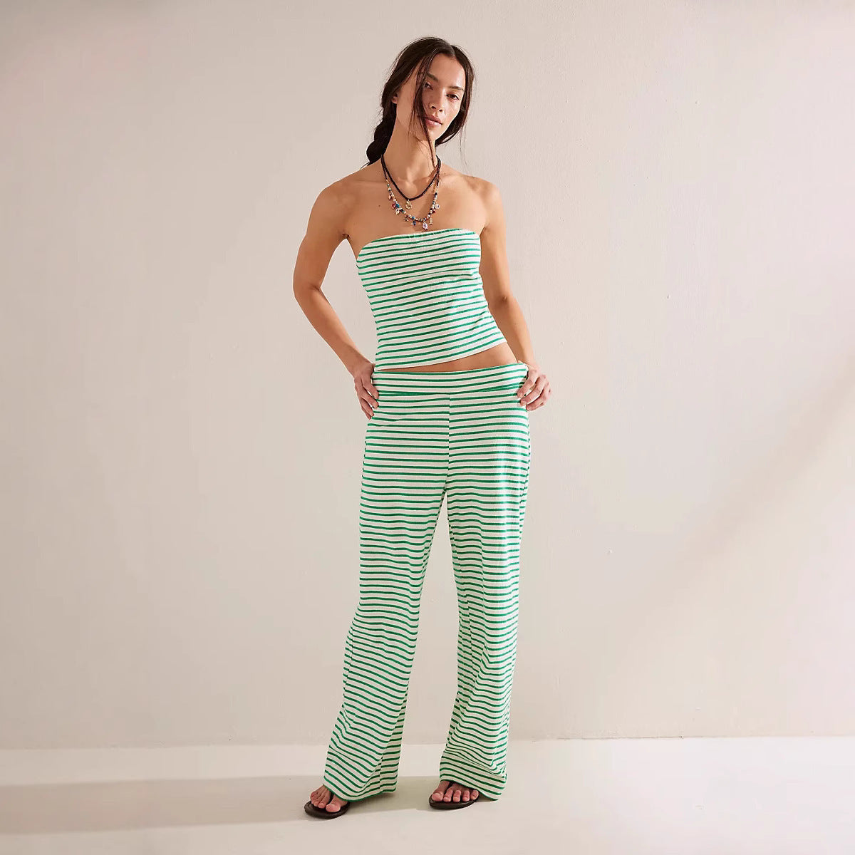 Sexy Fitted Casual Striped Two-Piece Set with Color-Blocked Crop Top and Elastic Waist Long Pants