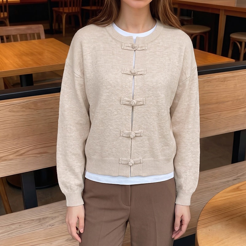 Casual Knitted Cardigan Jacket with Long Sleeves and Traditional Pipa Buttons