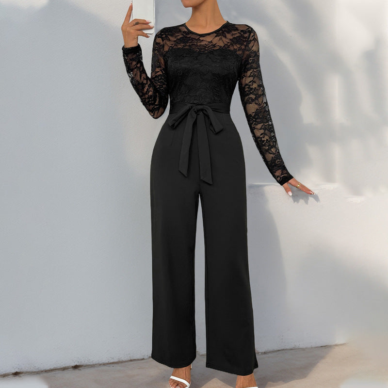 Women's Long Sleeve Drapey Lace Wide Leg Patchwork Tie Waist Loose Fit