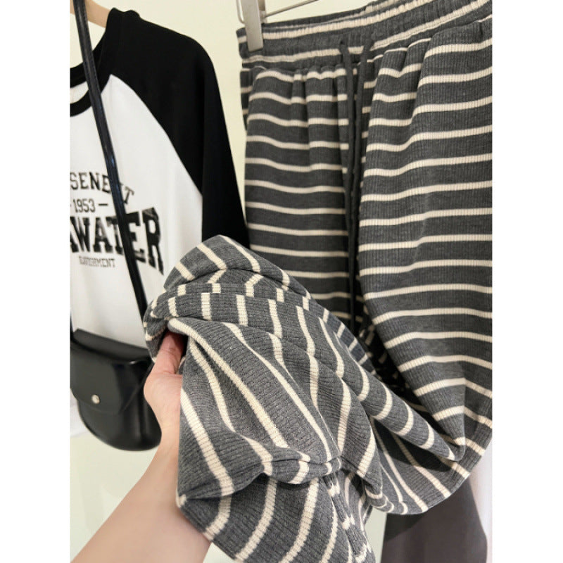 Women's Casual Color-Block Stripe High Waist Wide Leg Straight Pants