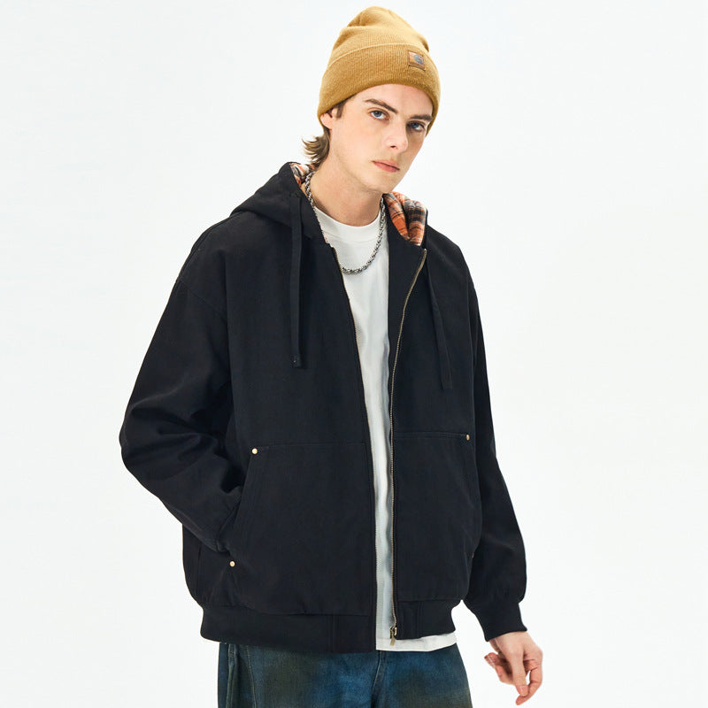 Men's  Retro Distressed Washed Canvas Hooded Padded Jacket Open Front Long Sleeve Coat