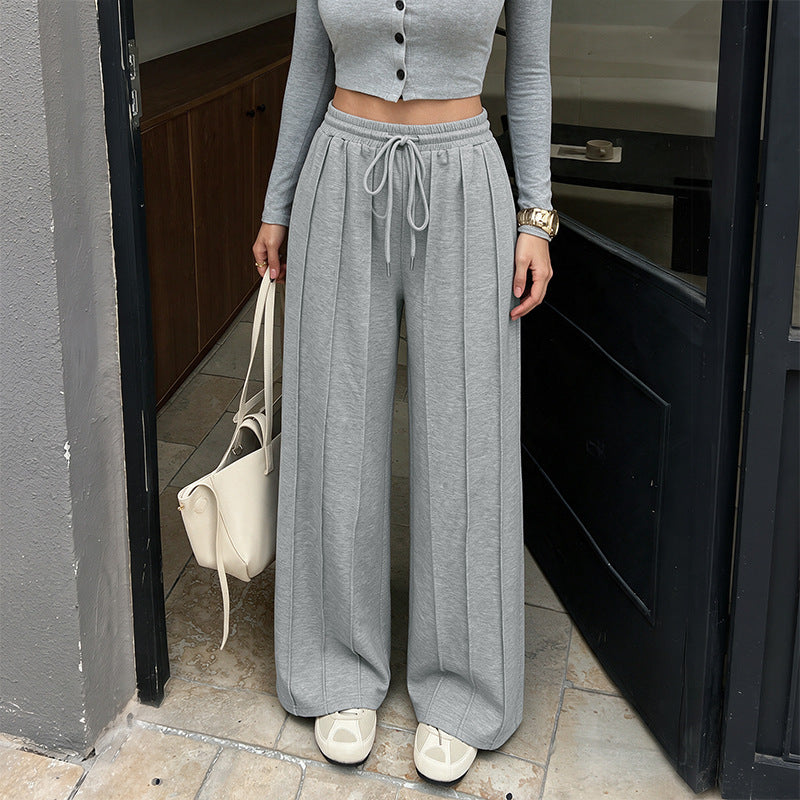 Casual Gray Drawstring Waist Loose Fit Tape Trim Draped Sweatpants