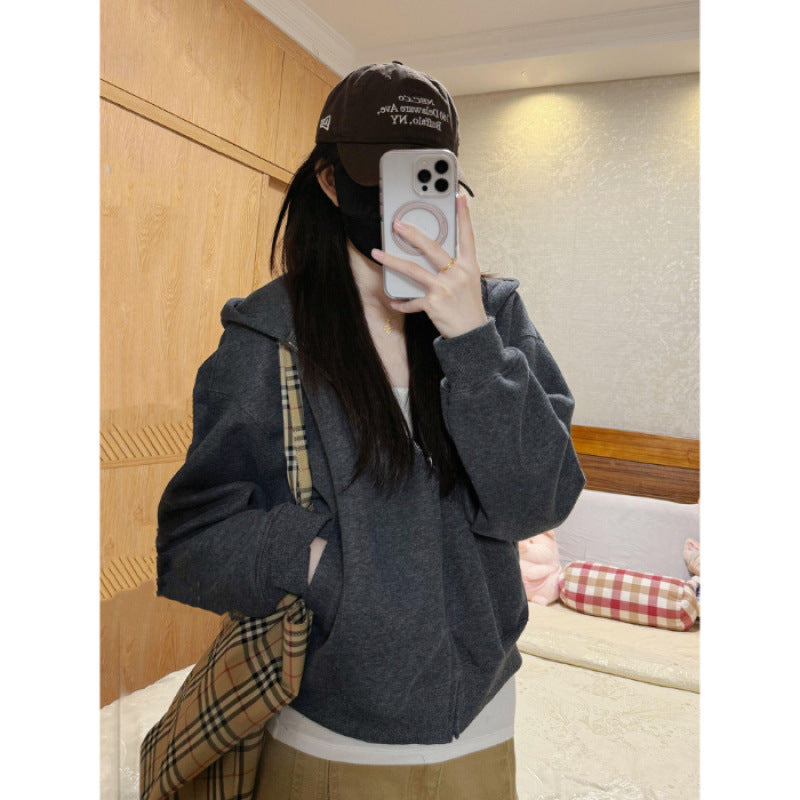 Women's Vintage Hooded Baseball Cardigan Sweatshirt Jacket Loose Casual