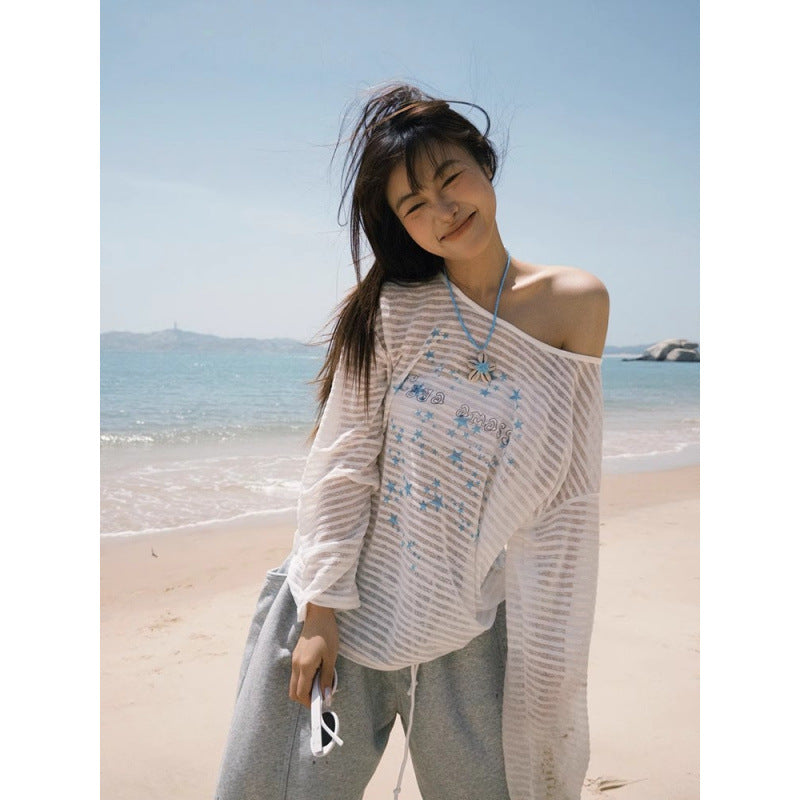 Loose Star Print Long Sleeve Off-Shoulder T-Shirt