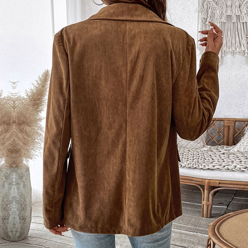 Solid Color Long Sleeve Open Front Corduroy Jacket for Women
