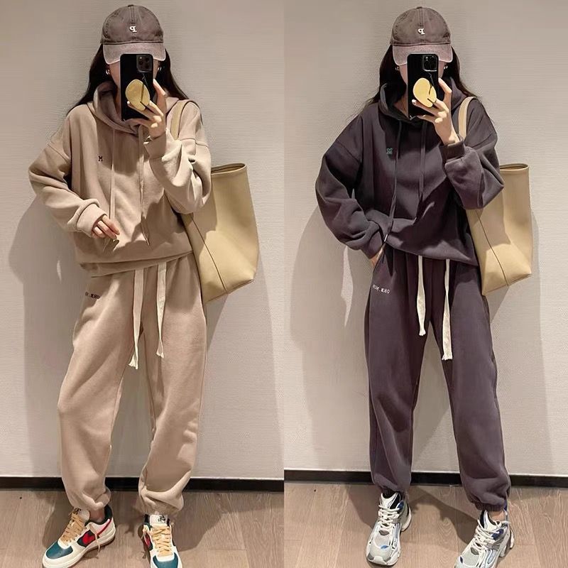 Fashionable  Women's Hoodie Set with Letter Embroidery and Casual Cuffed Pants, Two-Piece Outfit