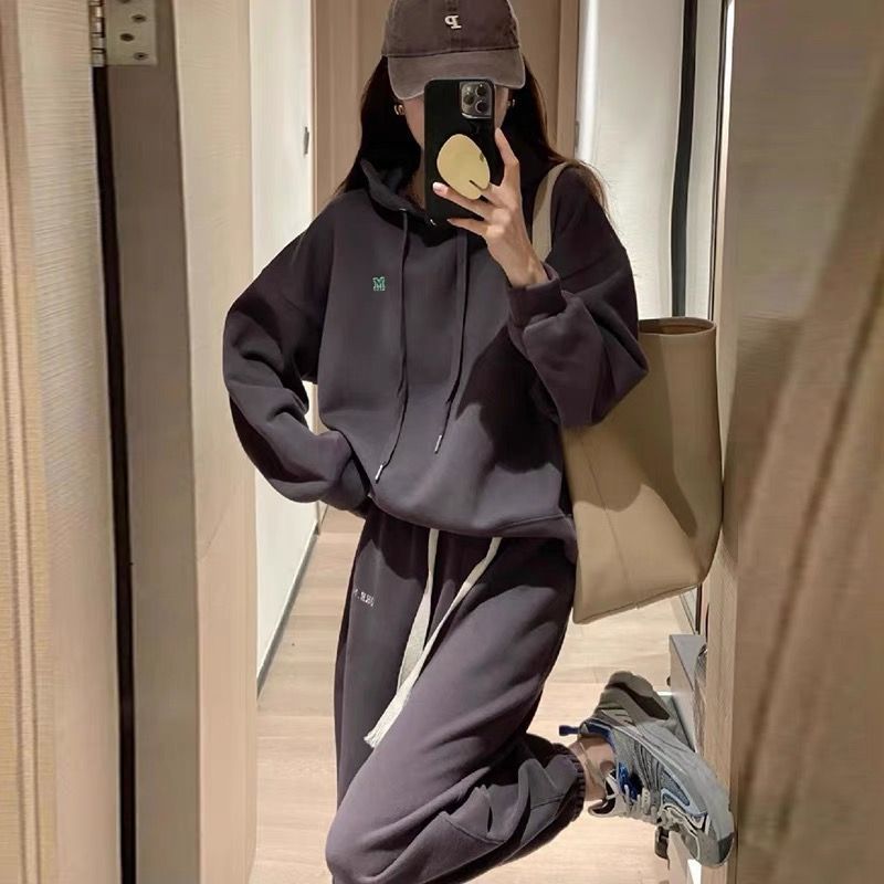 Fashionable  Women's Hoodie Set with Letter Embroidery and Casual Cuffed Pants, Two-Piece Outfit