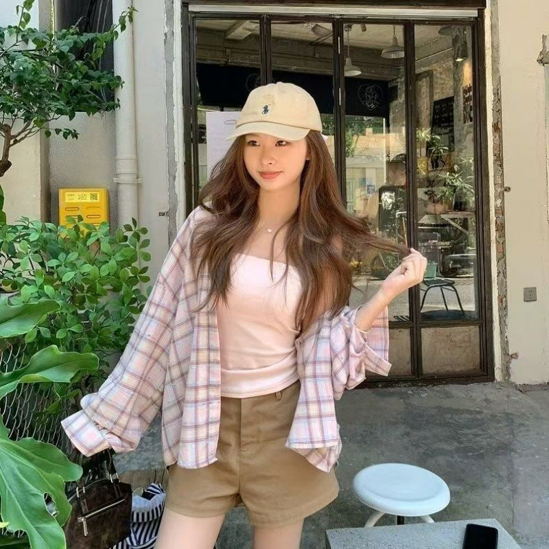 Sweet Pink Plaid Loose Casual Shirt for Women