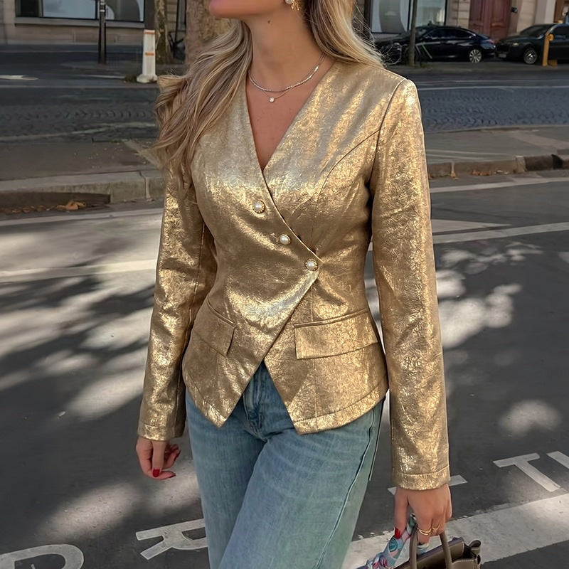 Asymmetrical Long Sleeve V-Neck Slim Fit Women's Blazer