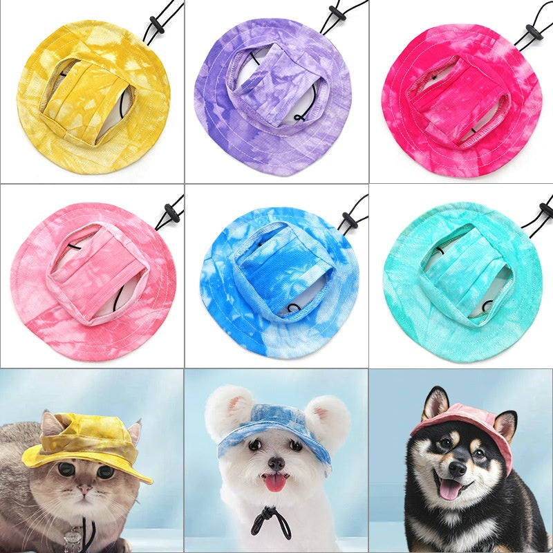 Pet hat with leaky ears cotton tie dye cat dog fisherman hat anti fall lace up sun hat