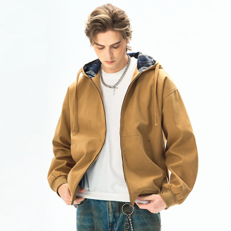 Men's  Retro Distressed Washed Canvas Hooded Padded Jacket Open Front Long Sleeve Coat