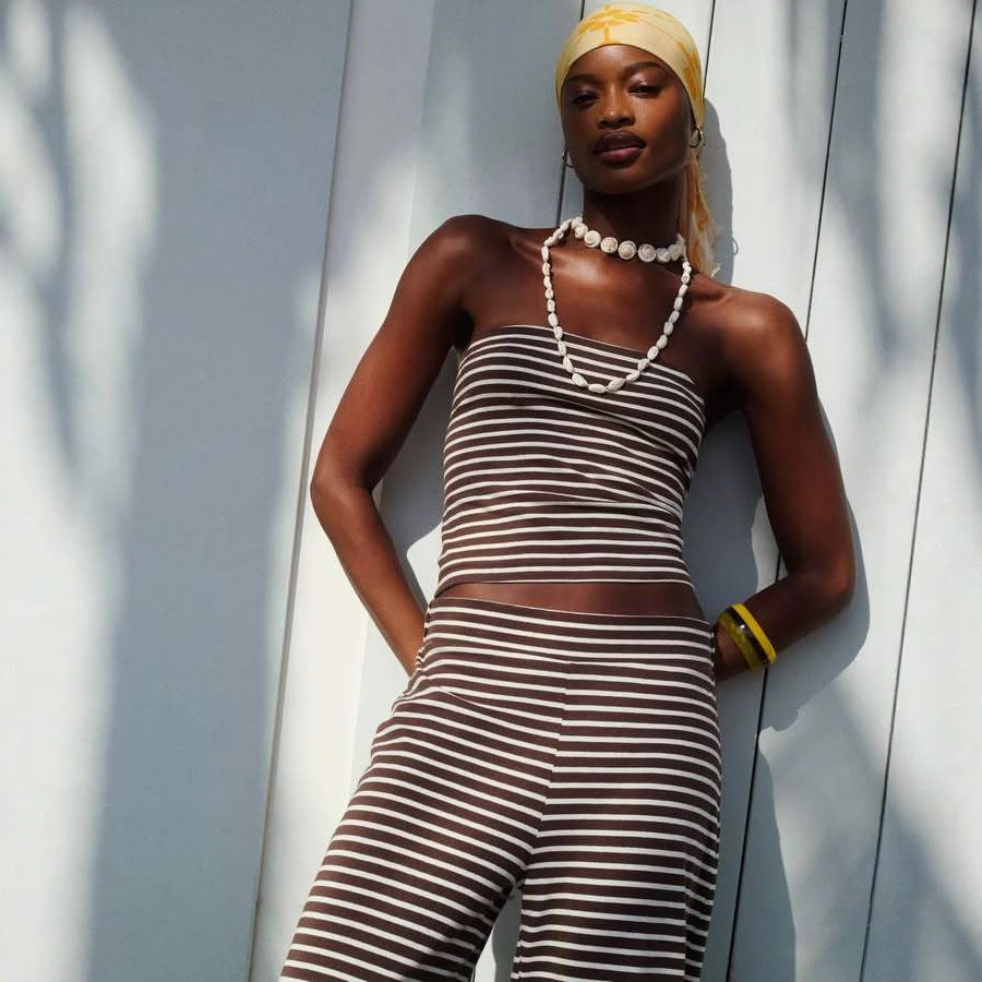 Sexy Fitted Casual Striped Two-Piece Set with Color-Blocked Crop Top and Elastic Waist Long Pants