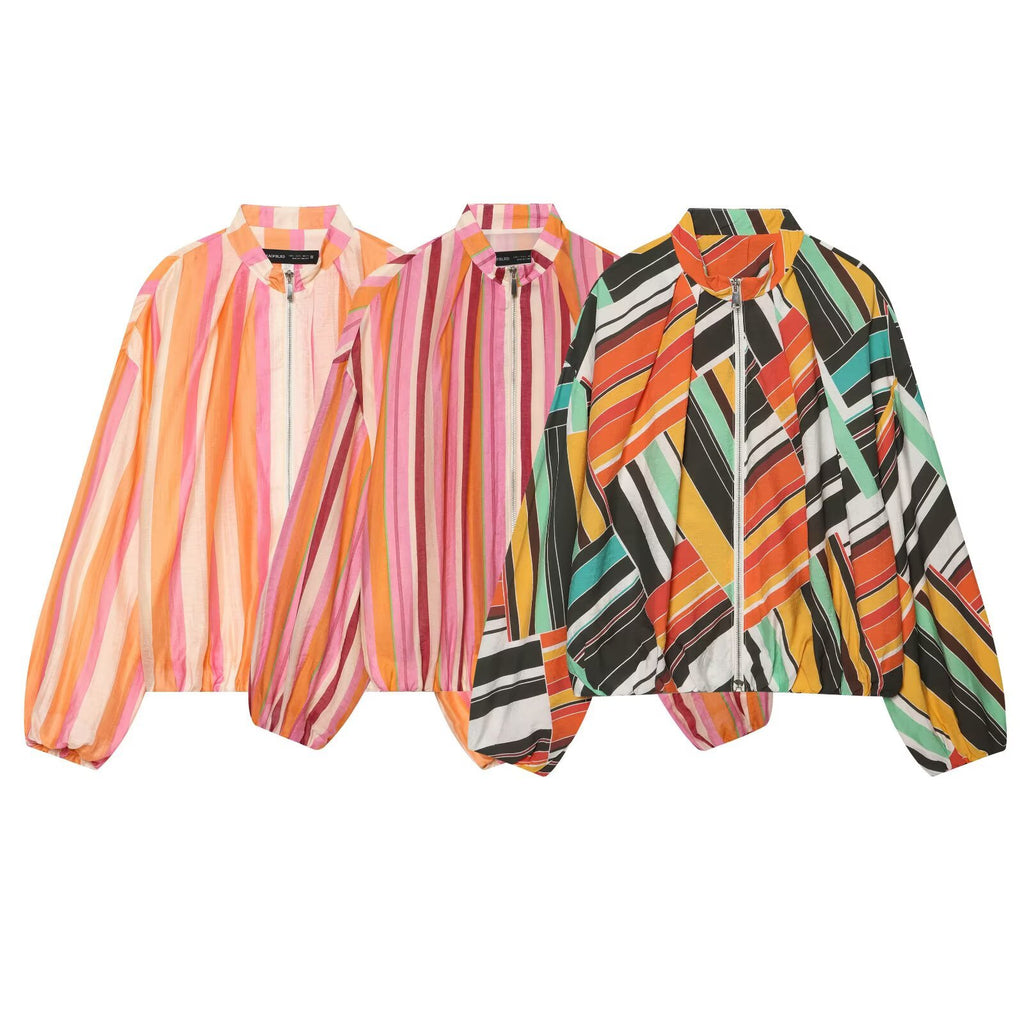 Stand up collar striped jacket jacket