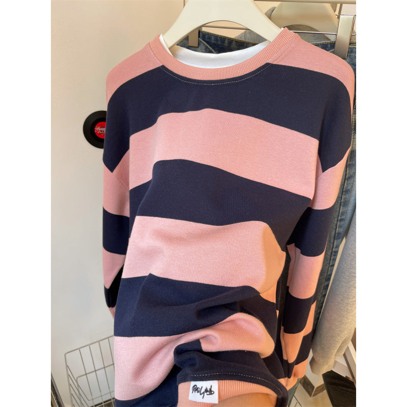 Women's Casual Striped Hoodie - Round Neck Long Sleeve Loose Fit Sweater Top