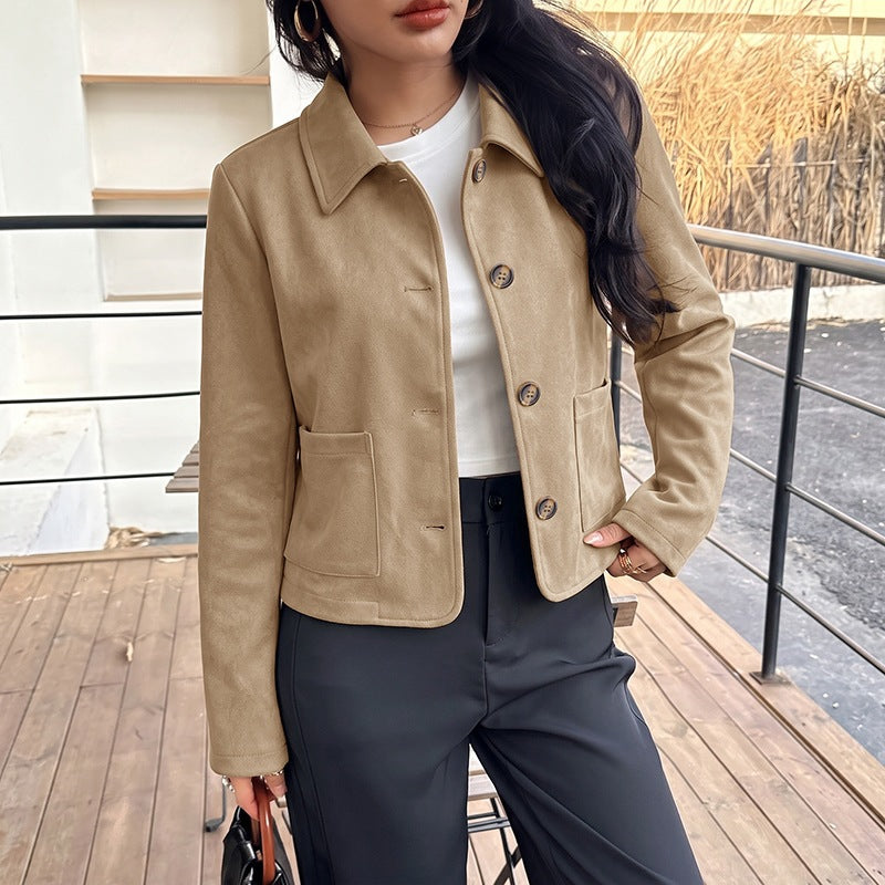 Vintage Long Sleeve Lapel Collar Cropped Loose Fit Jacket