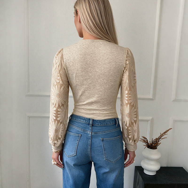 Tailored patchwork lace long sleeved V-neck jumpsuit for women