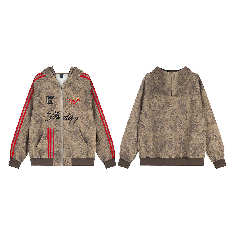 Brown toned leopard print red stripe hooded jacket for women