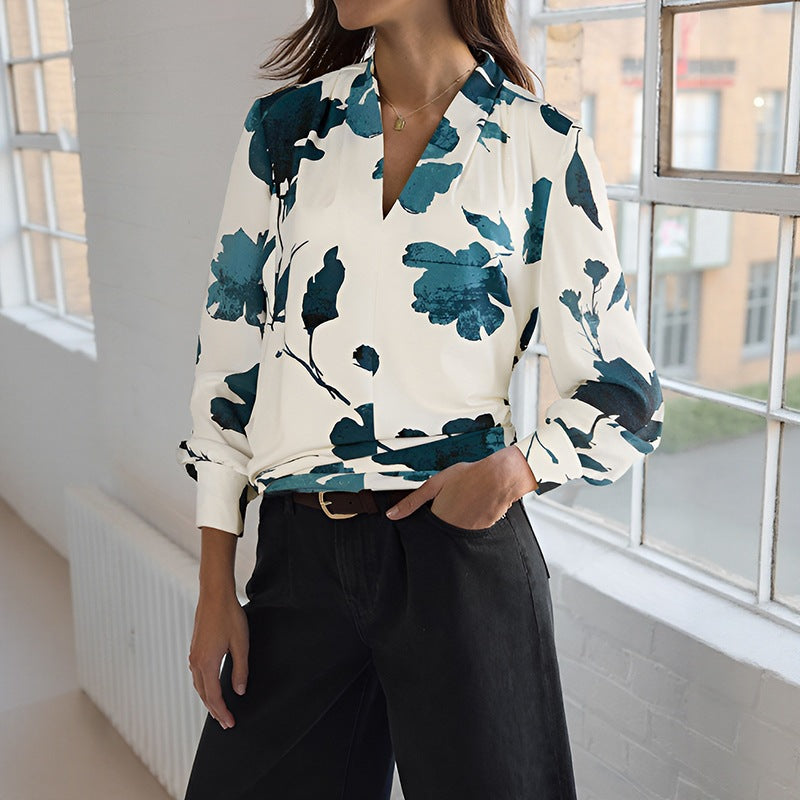 Floral Print Long Sleeve V-Neck Shirt