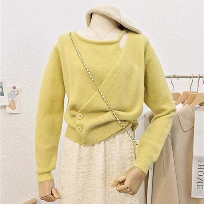 Irregular three button knit long sleeved sweater for women