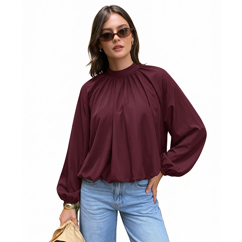 Loose Long Sleeve Camellia Collar Hollow Out Back Tie Women's Blouse