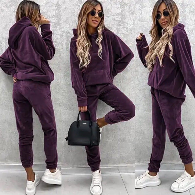 Women's Set Solid Color Hooded Sweatshirt and Sports Long Pants  Two-Piece Set