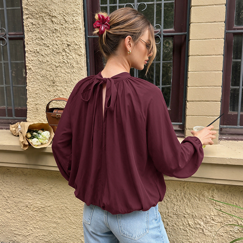 Loose Long Sleeve Camellia Collar Hollow Out Back Tie Women's Blouse