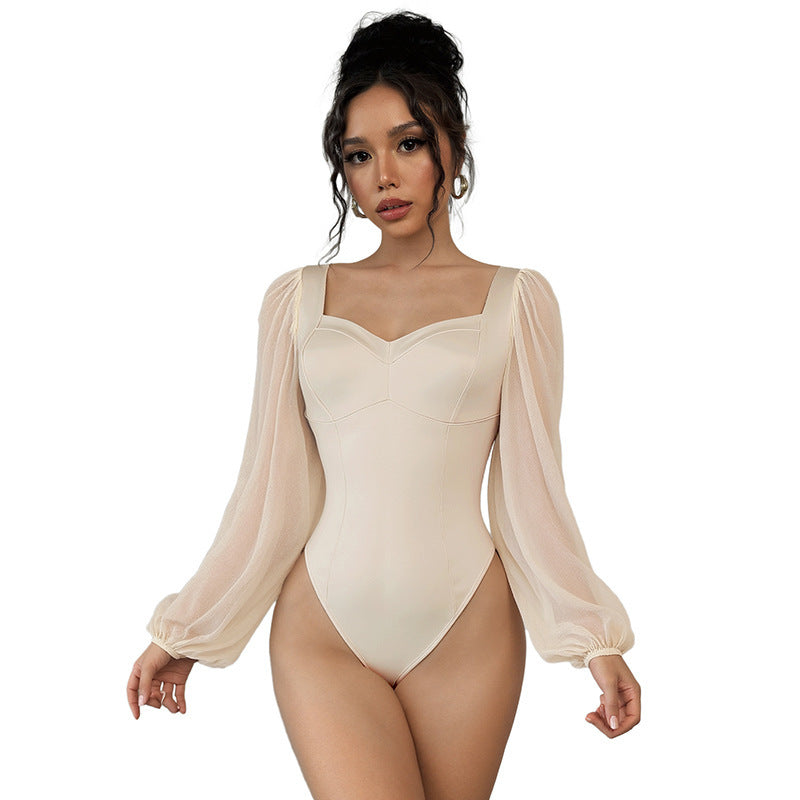 Sexy Long Sleeve Square Neck Mesh Slim Fit Women's Bodysuit