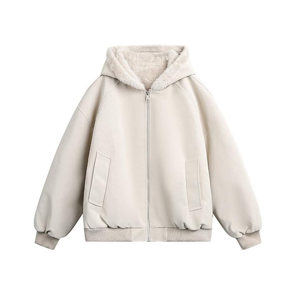 Leather Rabbit Fur Plush Fleece Lined Jacket Unisex Winter Thickened Warm Outerwear