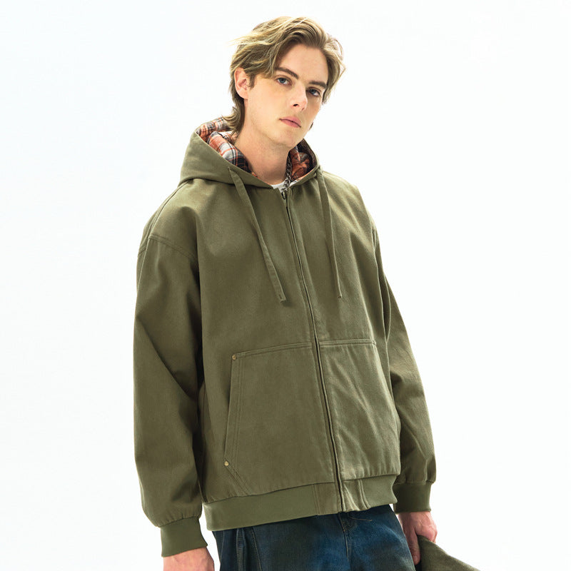Men's  Retro Distressed Washed Canvas Hooded Padded Jacket Open Front Long Sleeve Coat