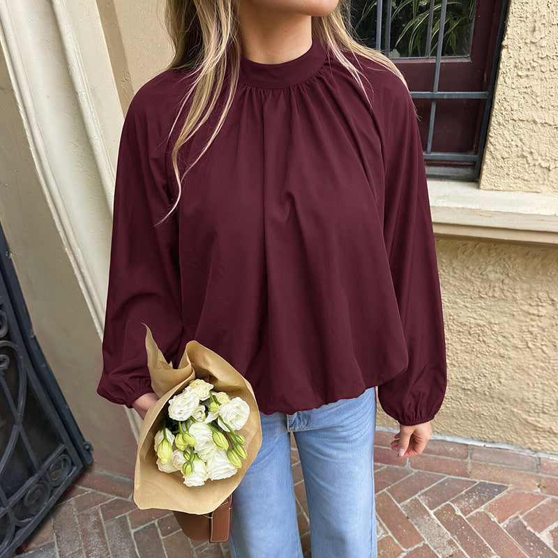 Loose Long Sleeve Camellia Collar Hollow Out Back Tie Women's Blouse