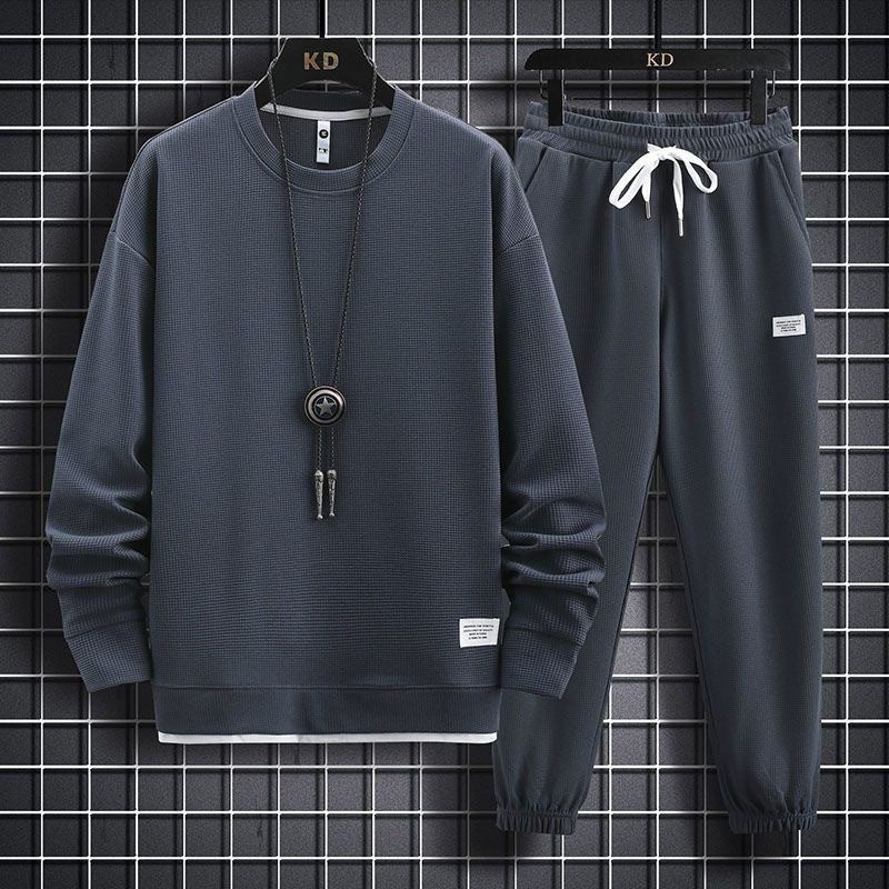 Men's Waffle Knit Casual Long Sleeve Long Pants Two-Piece Set