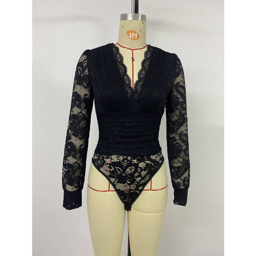 Black Long Sleeve V-Neck Lace Hollow Out Fitted Bodysuit