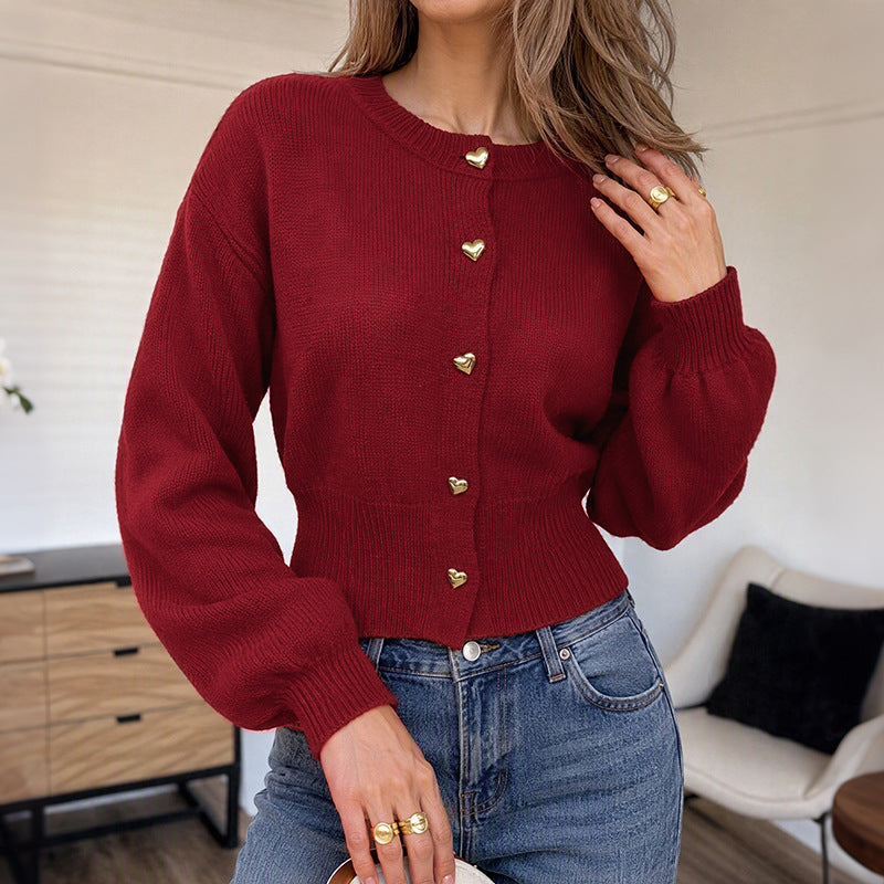 Red Christmas Heart Knit Cardigan for Women with Button Closure