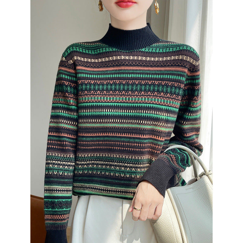 High Neck Retro Jacquard Sweater Women Top Pullover Colorful Knitwear