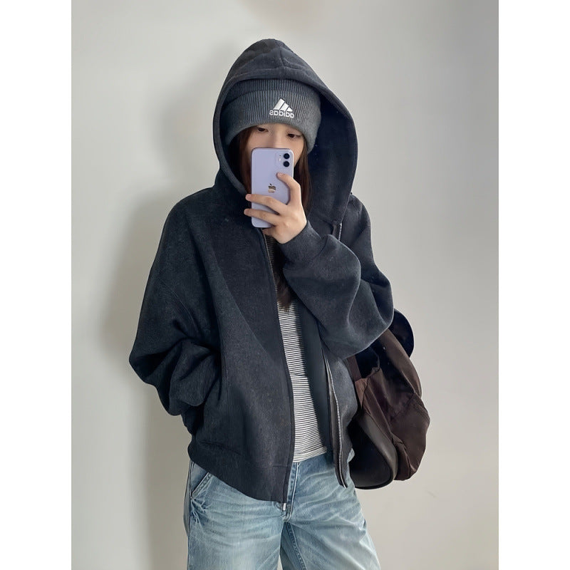 Women's Vintage Hooded Baseball Cardigan Sweatshirt Jacket Loose Casual