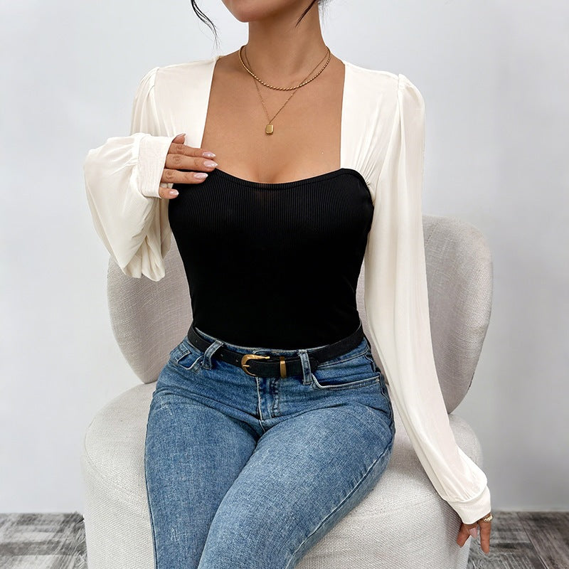 Women's Elegant Square Neck Long Sleeve Knit Color Block Patchwork Slim Fit Bodysuit