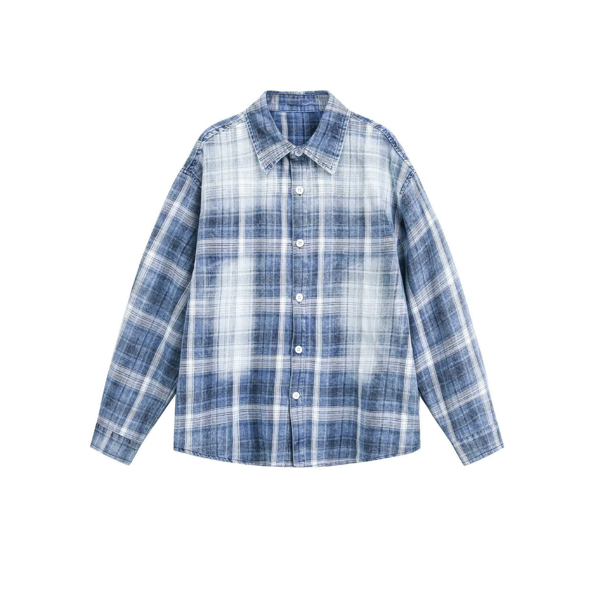 Washed Vintage Brushed Color-Blocked Plaid Loose Long Sleeve Shirt
