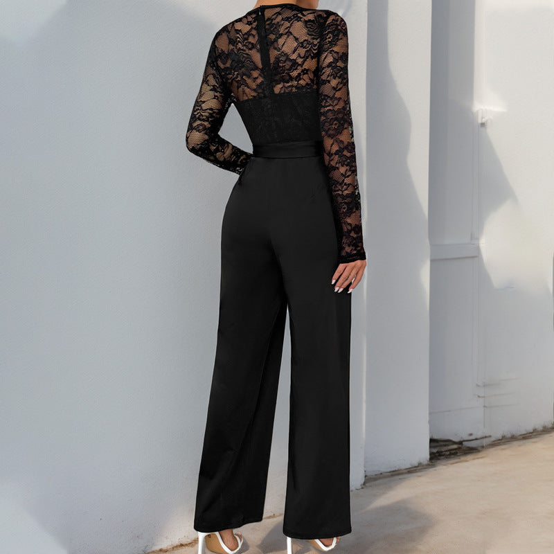 Women's Long Sleeve Drapey Lace Wide Leg Patchwork Tie Waist Loose Fit
