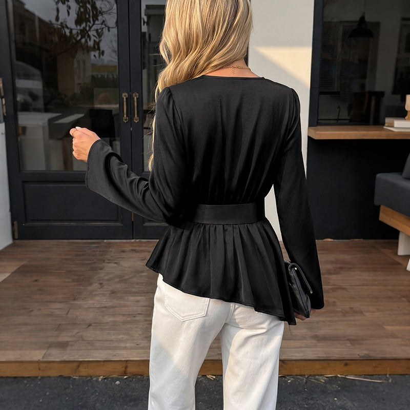 Solid Color Long Sleeve V-Neck Ruffle Women's Blouse