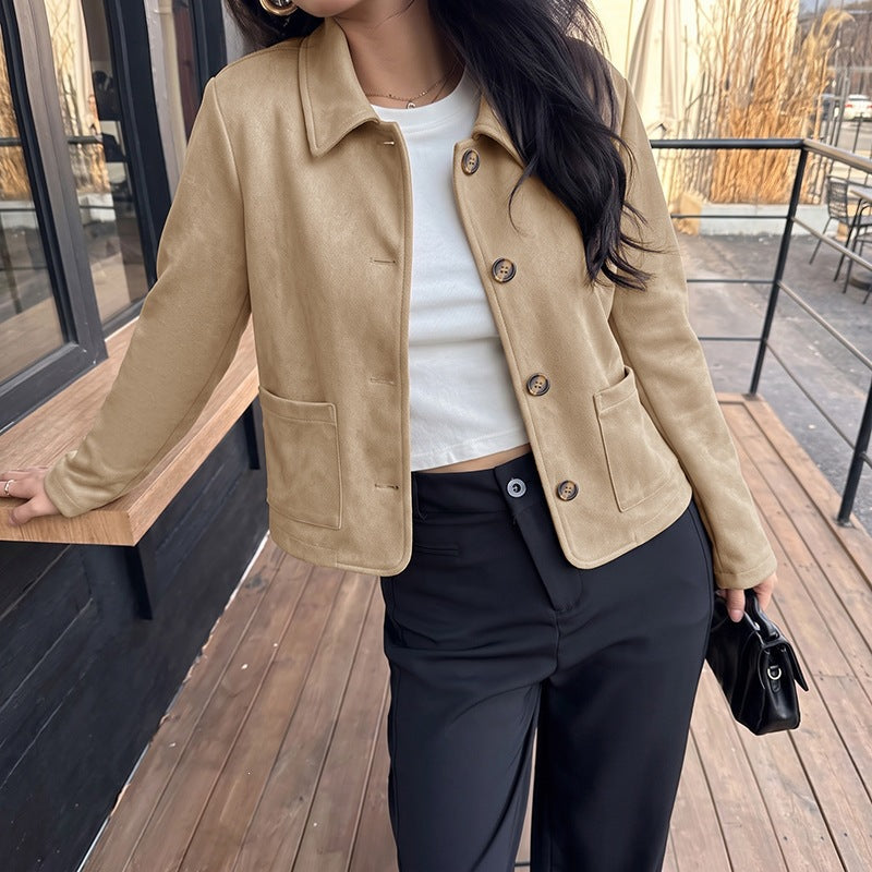 Vintage Long Sleeve Lapel Collar Cropped Loose Fit Jacket