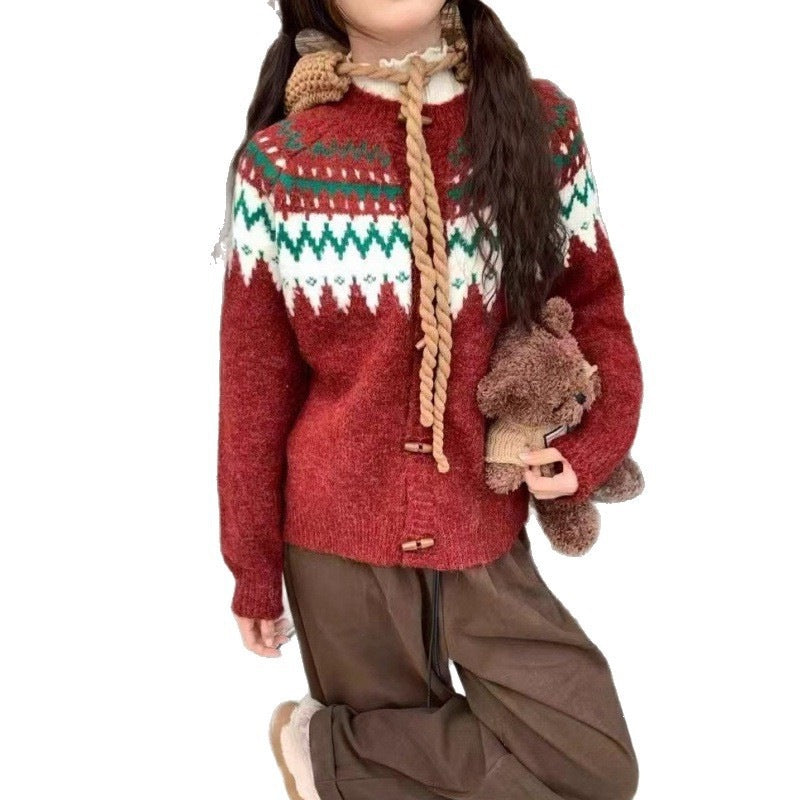 Cow horn buckle lazy style sweater cardigan jacket for women