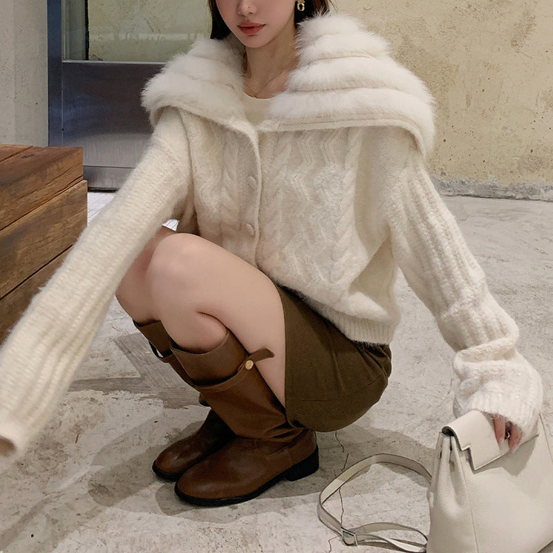 Flip collar knitted cardigan women's short jacket